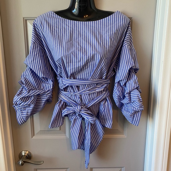Zara Tops - ZARA Blue & White Striped Wrap Tie Blouse SZ M